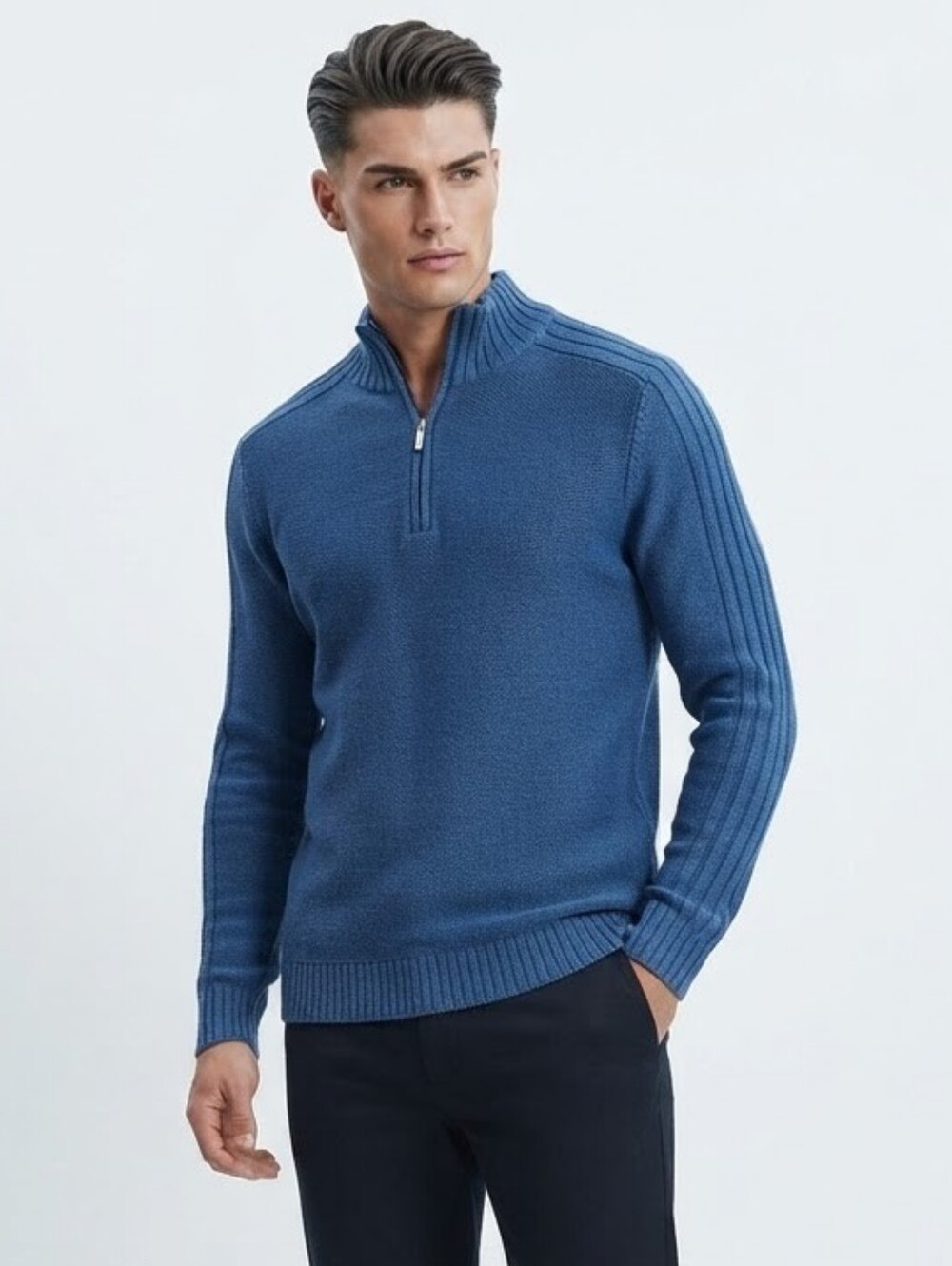 Columbia Blue 100% Cotton Mock Neck Quarter Zip Pullover Sweater Medium